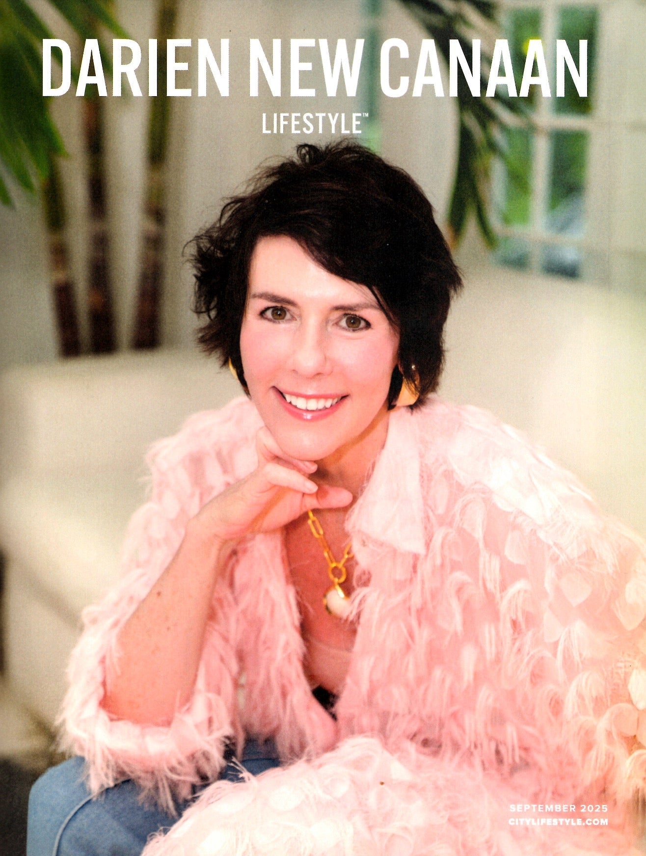 Sarah Easley in pink feather jacket