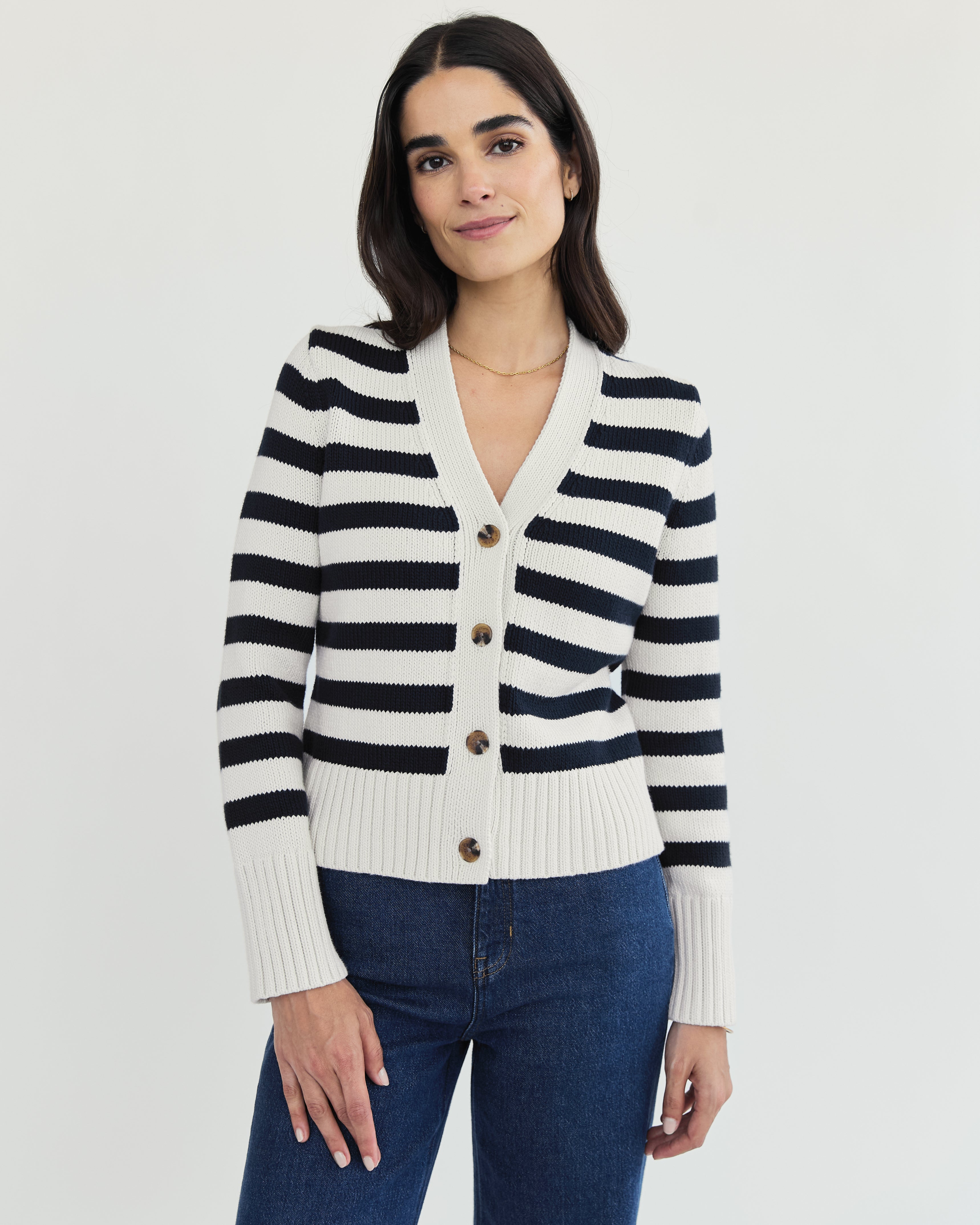 The Peyton Stripe Cotton Cardigan - Ivory/Navy