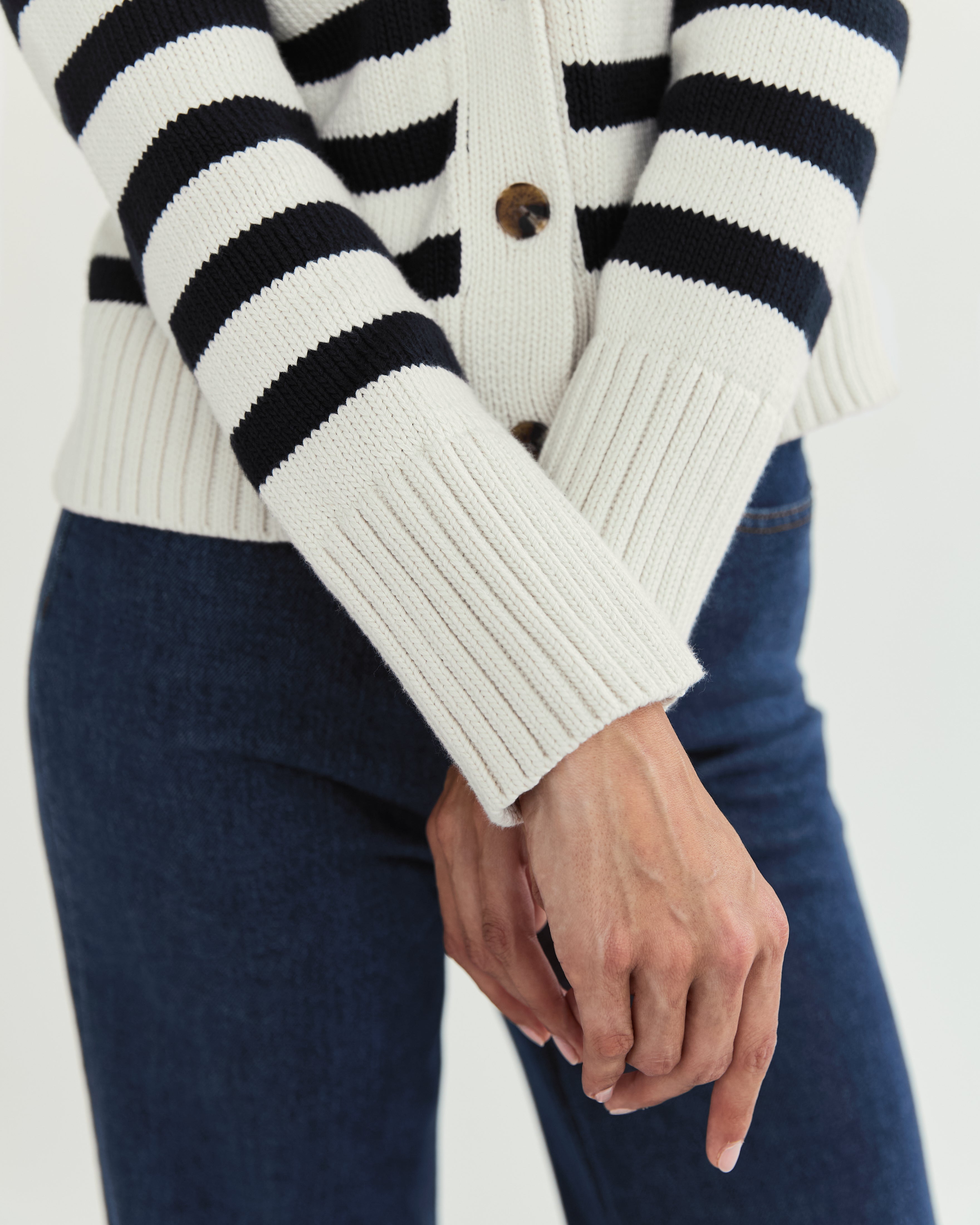 The Peyton Stripe Cotton Cardigan - Ivory/Navy