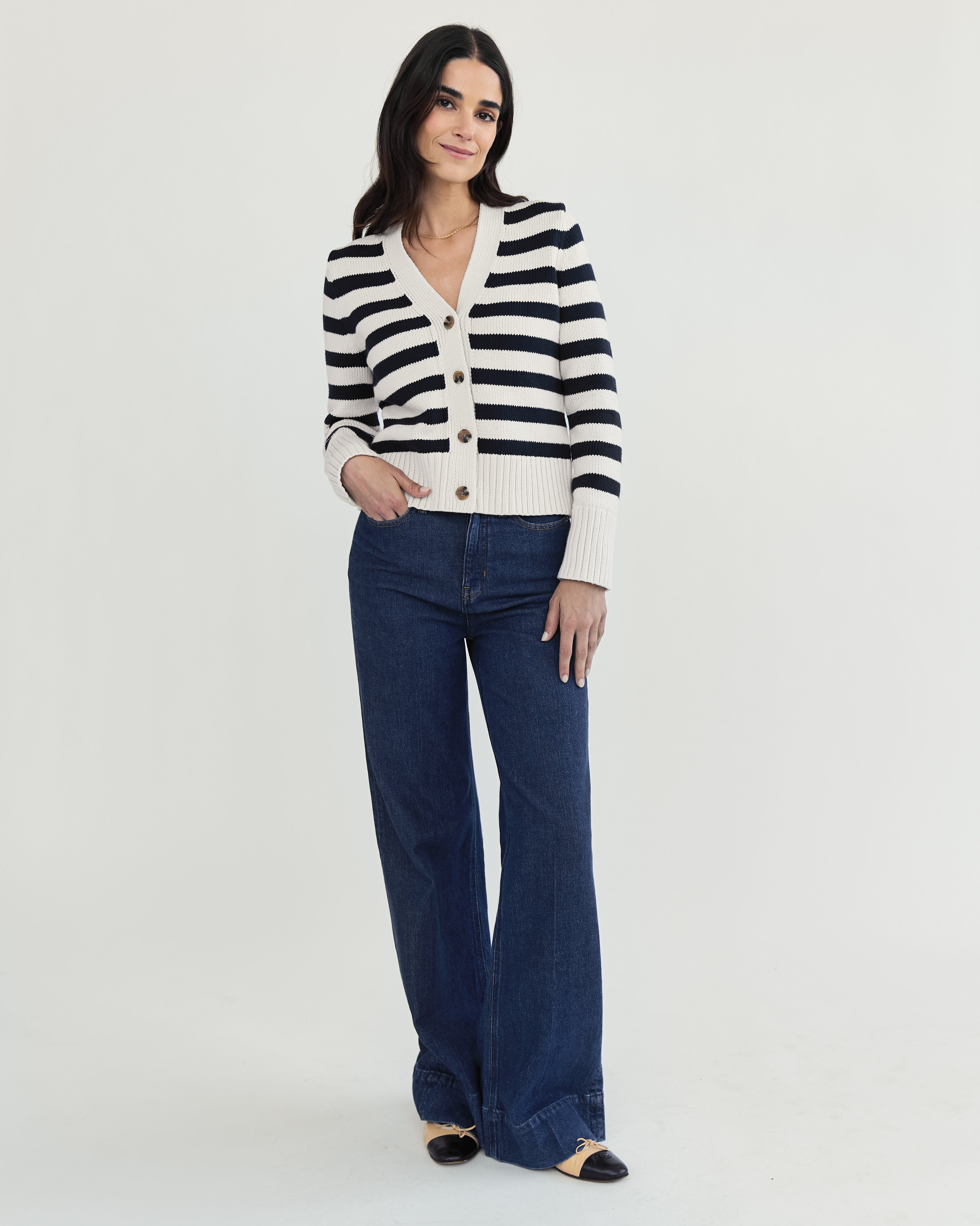The Peyton Stripe Cotton Cardigan - Ivory/Navy