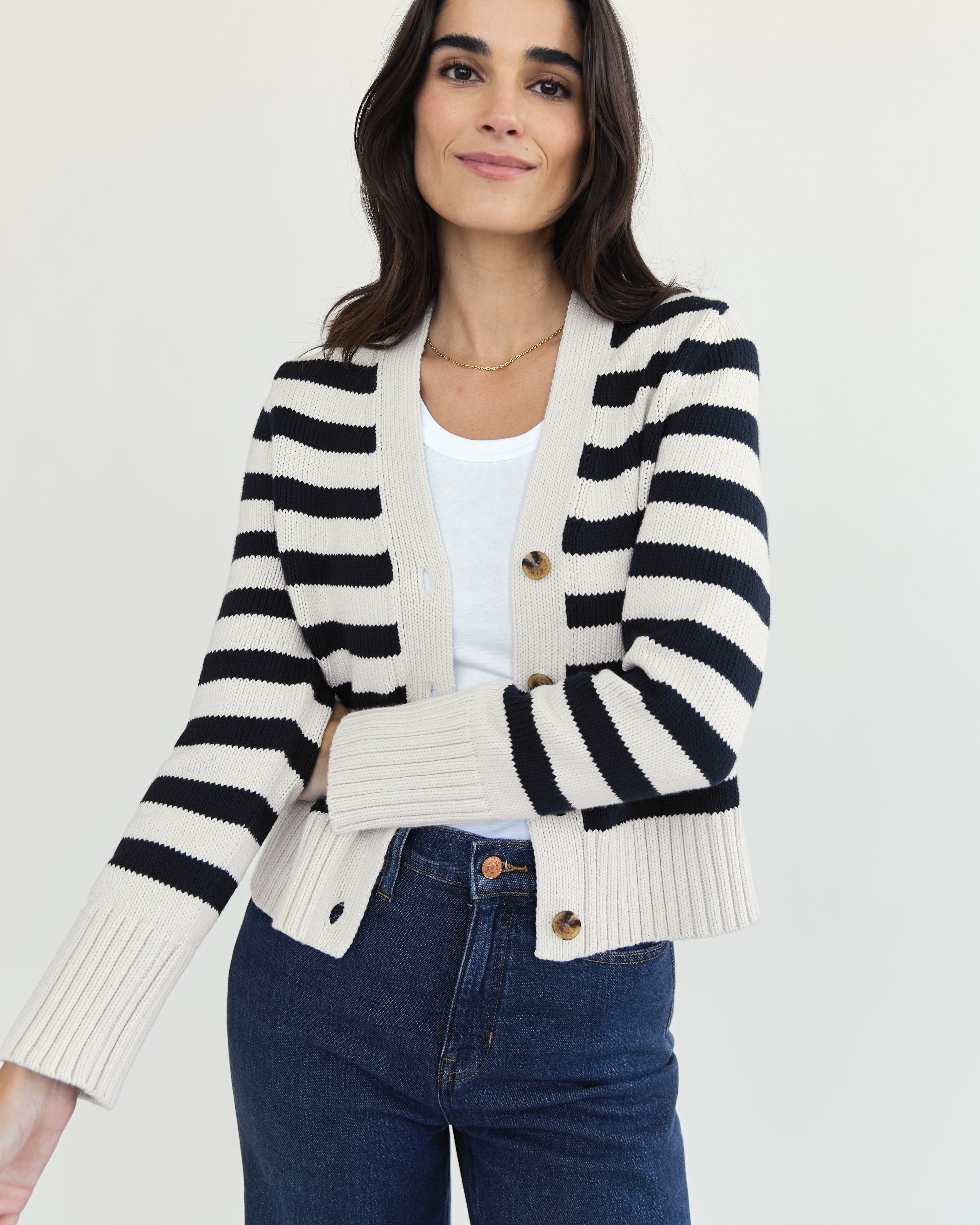 The Peyton Stripe Cotton Cardigan - Ivory/Navy
