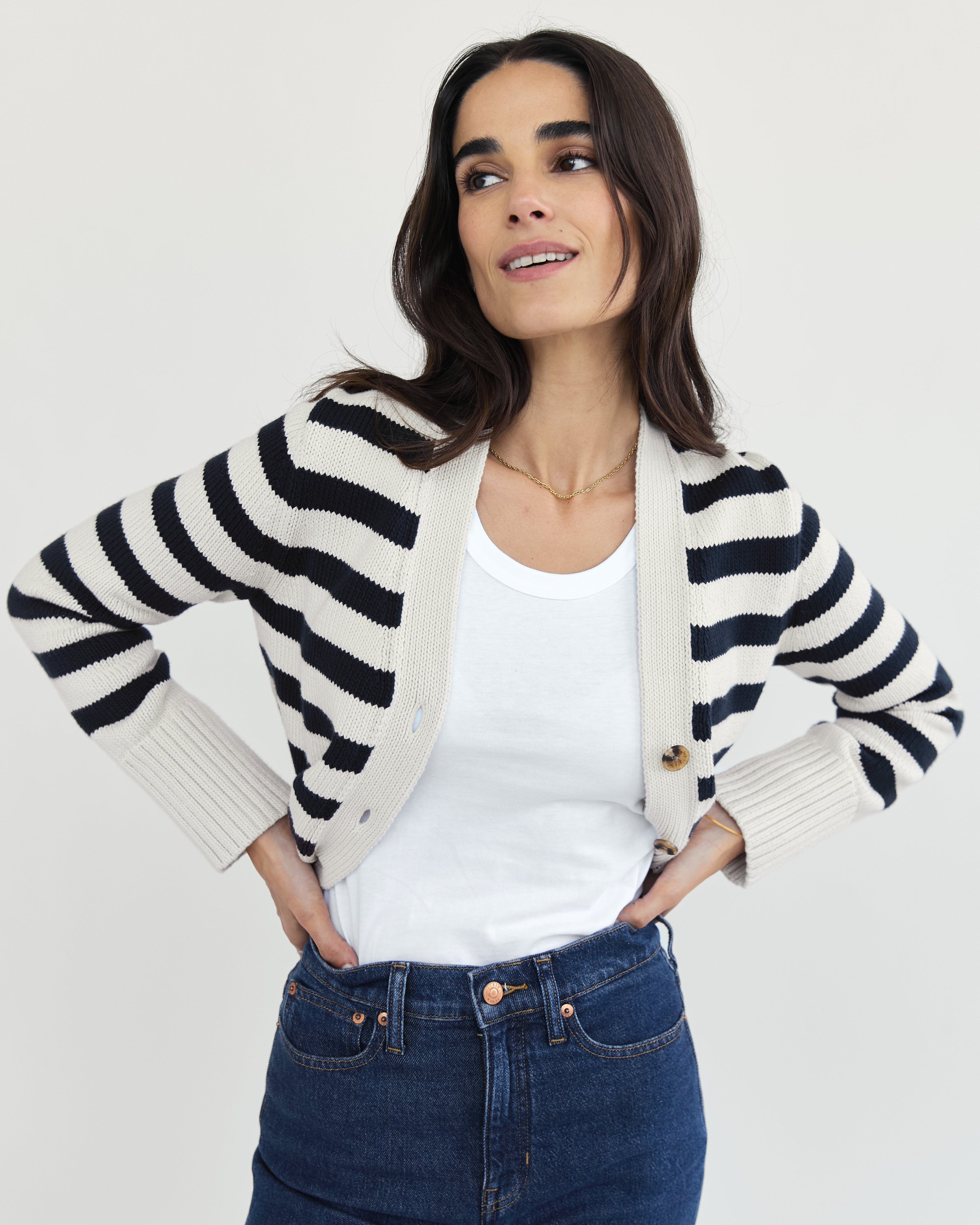 The Peyton Stripe Cotton Cardigan - Ivory/Navy