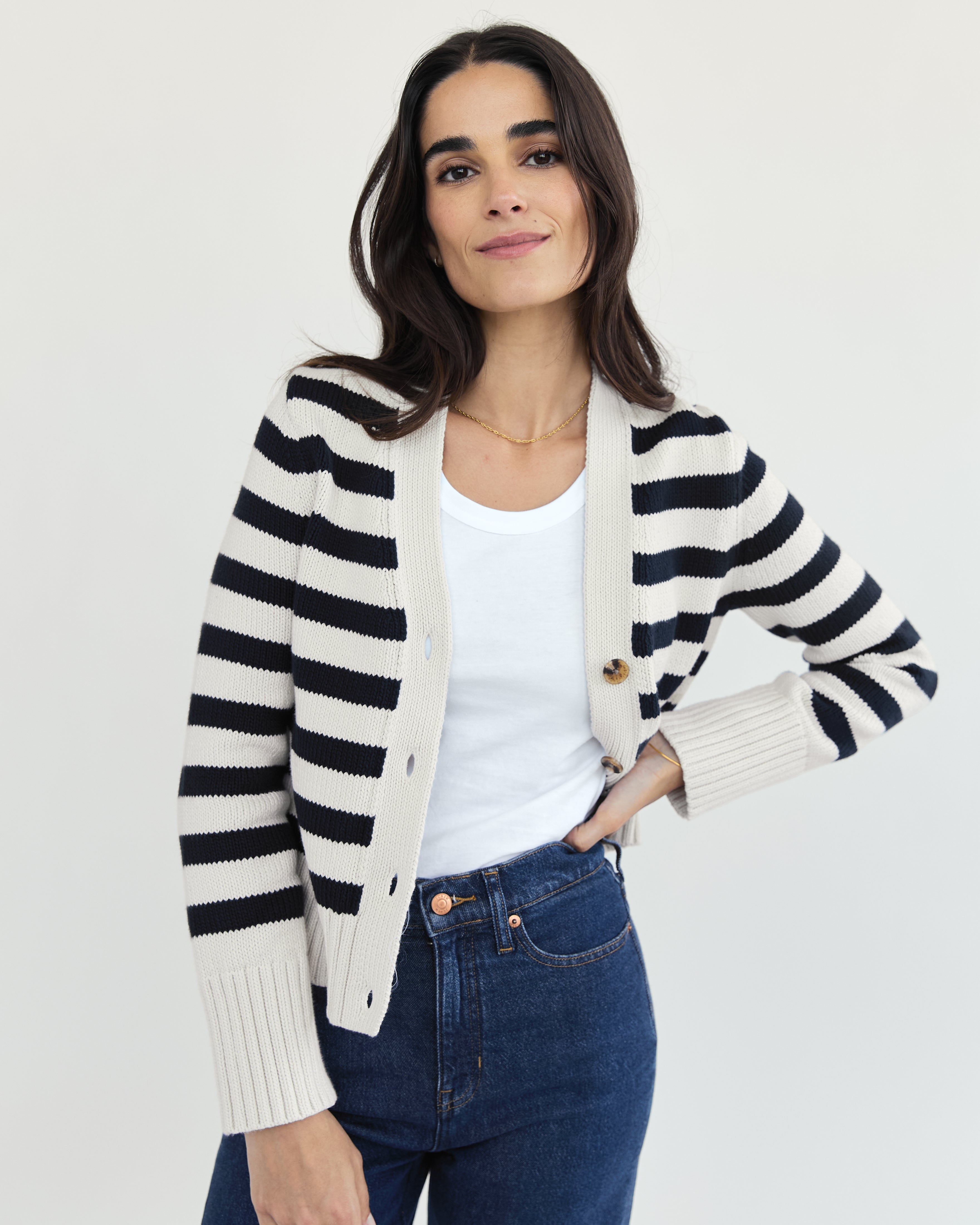 The Peyton Stripe Cotton Cardigan - Ivory/Navy