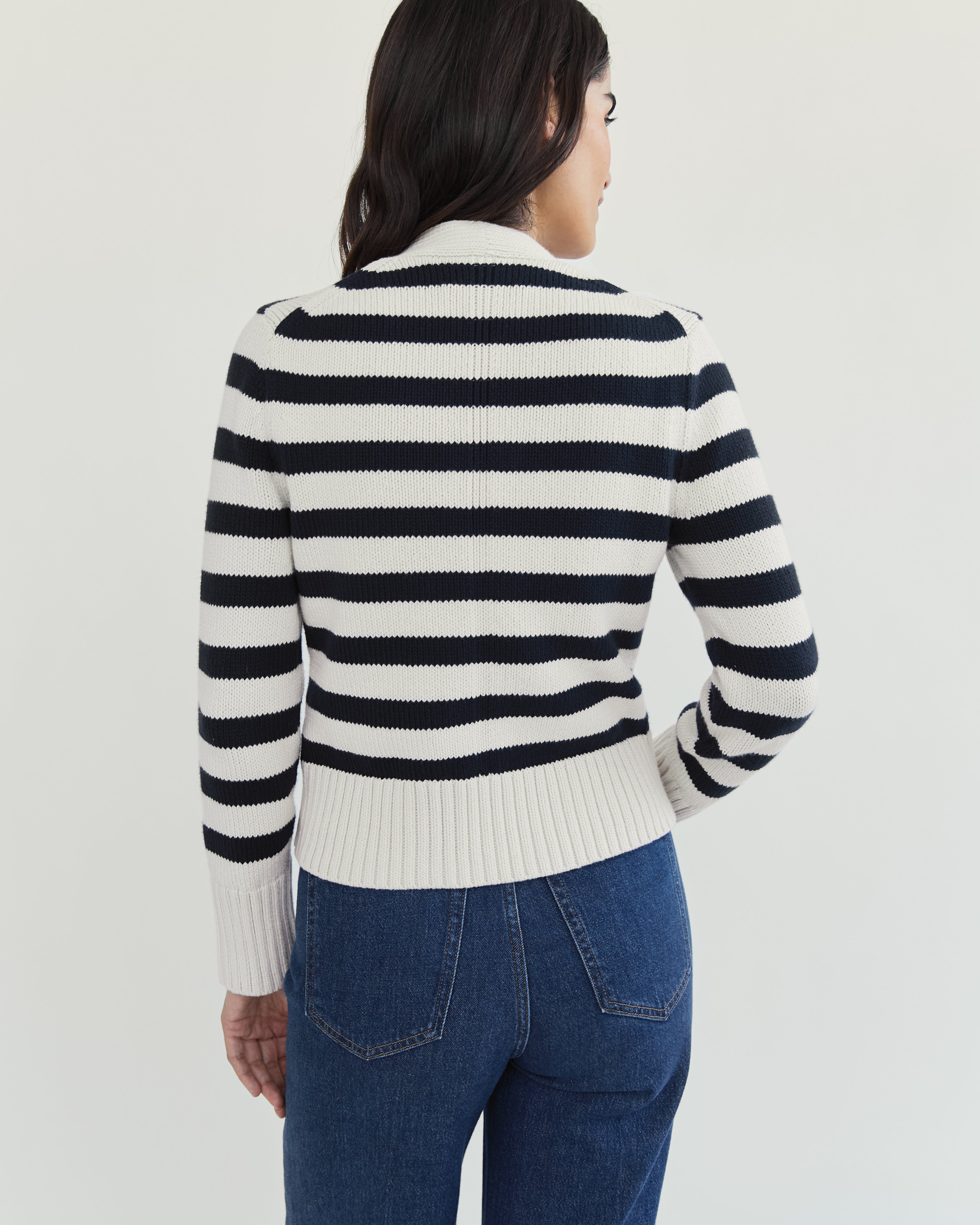 The Peyton Stripe Cotton Cardigan - Ivory/Navy