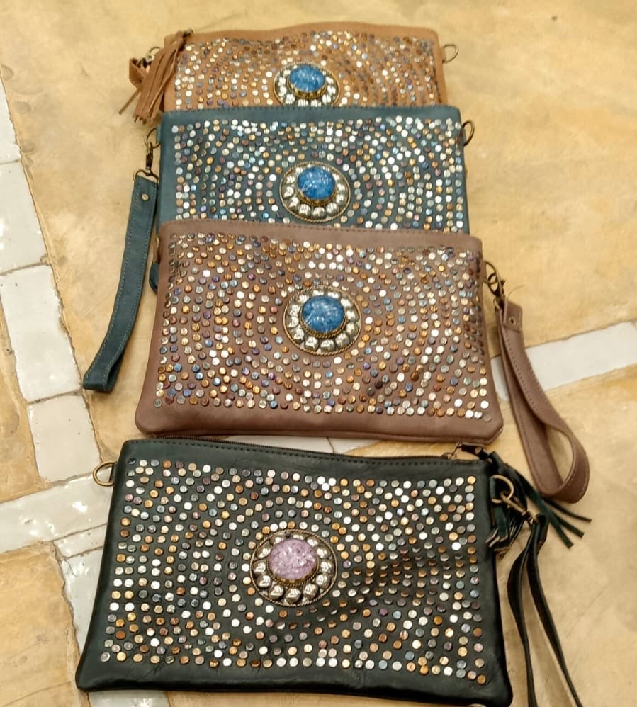 MOROCCAN zip leather clutch with messanger strap