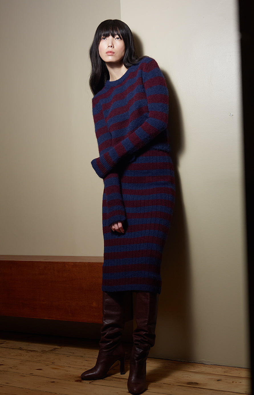 PIA STRIPE TUBE SKIRT - NAVY + MERLOT