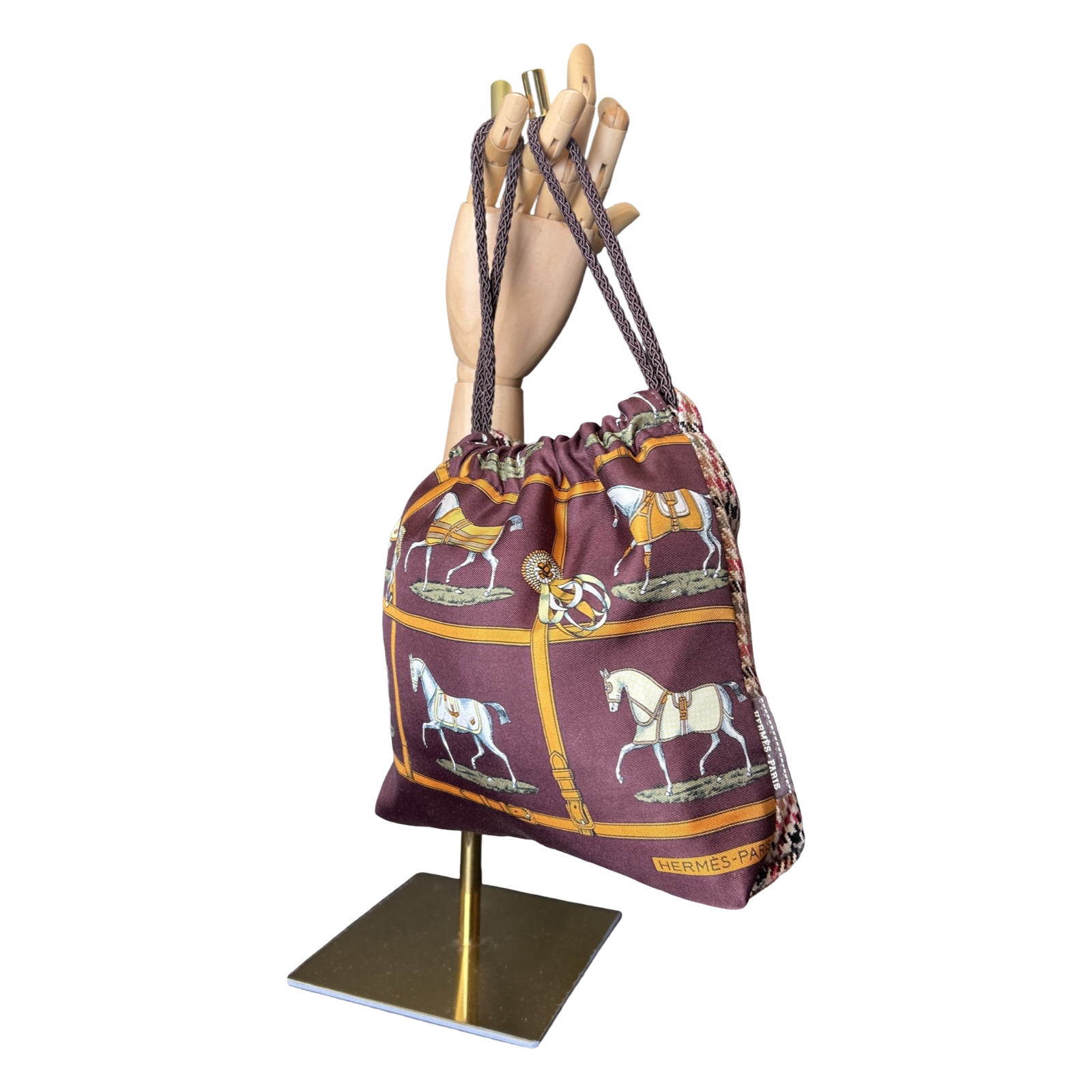 Vintage Hermes Petites Chevaux Brown Scarf Drawstring Crossbody Bag