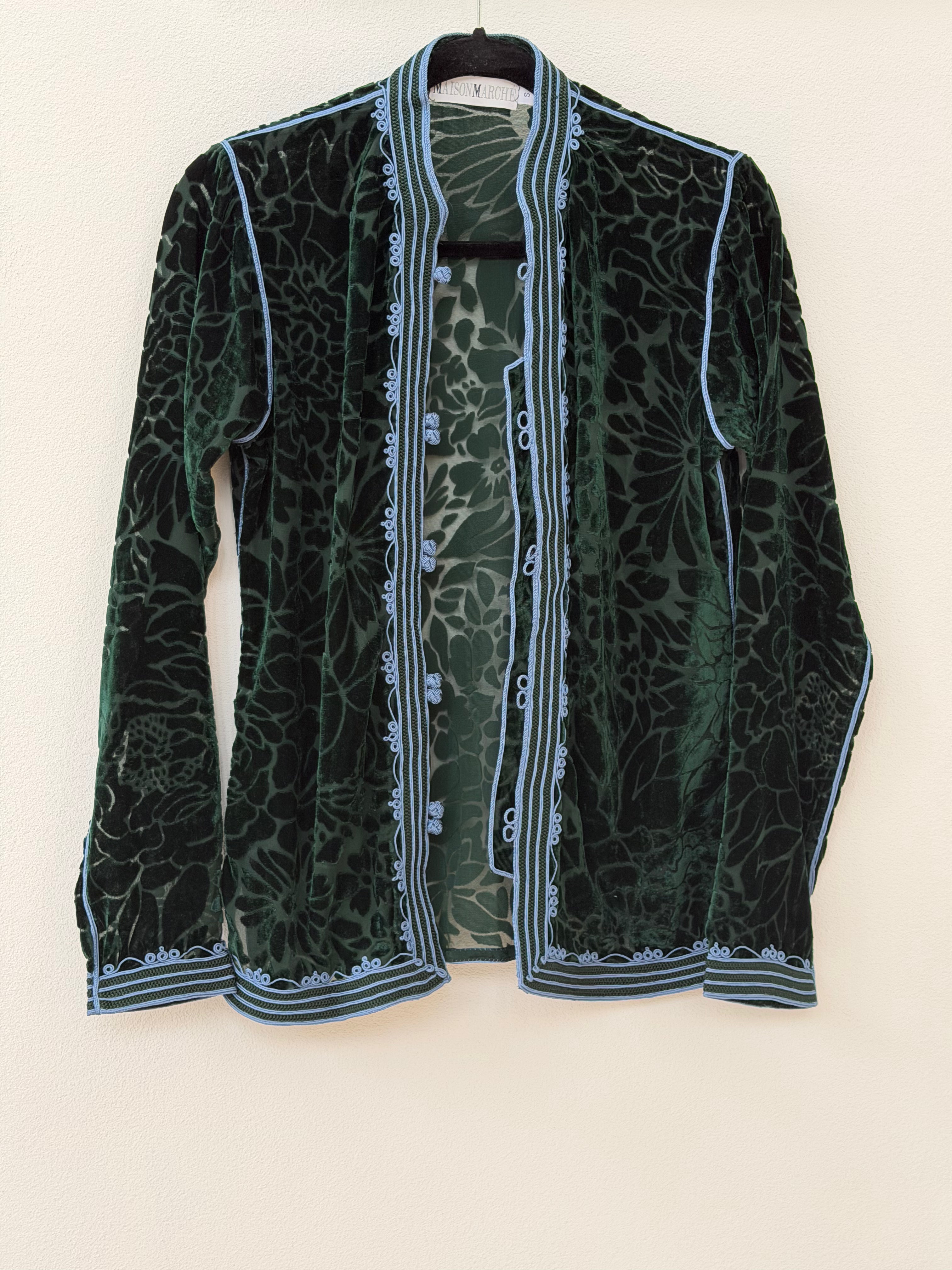 Lightweight cutout velvet green jacket w embroidery