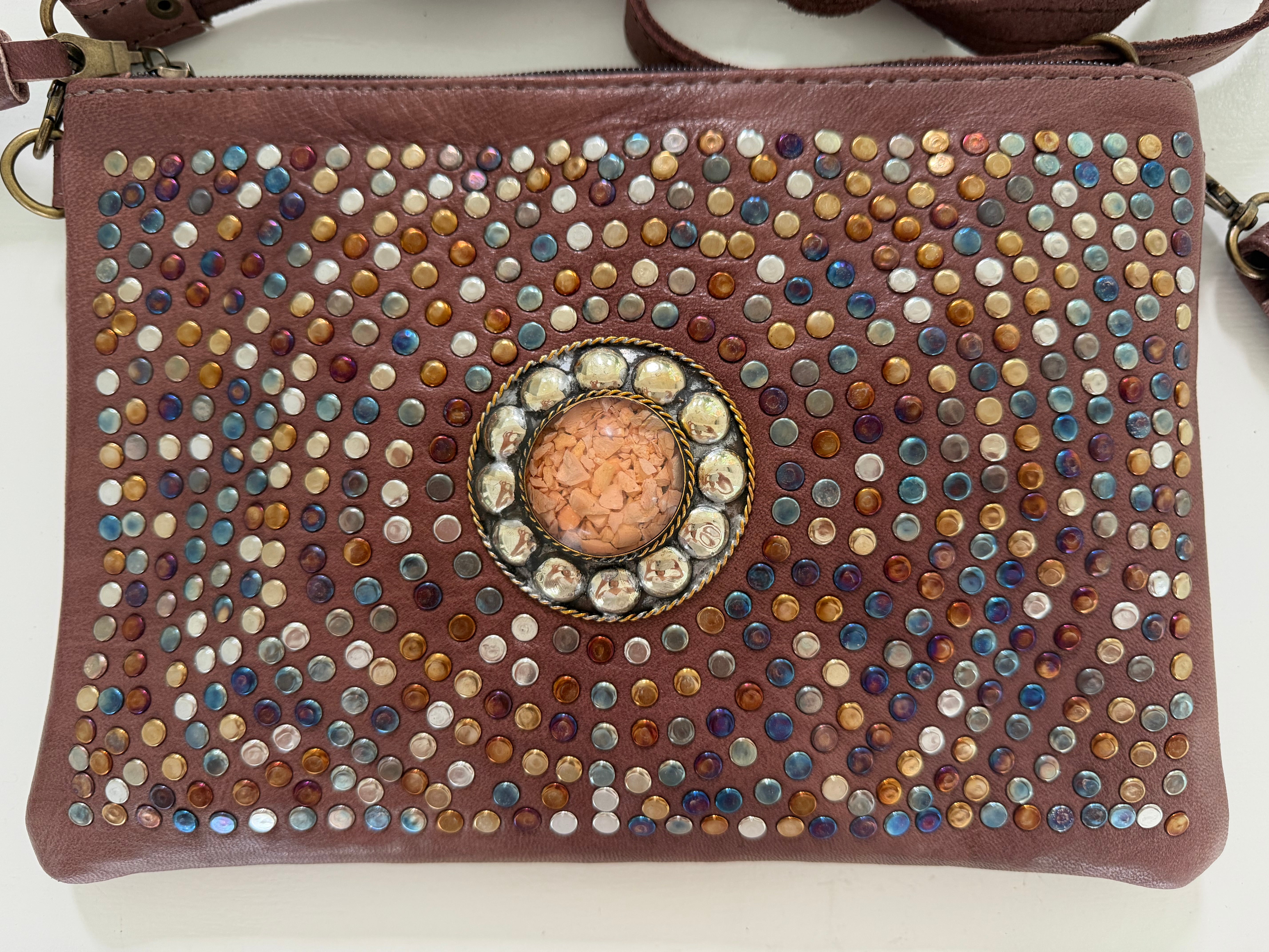 MOROCCAN zip leather clutch with messanger strap