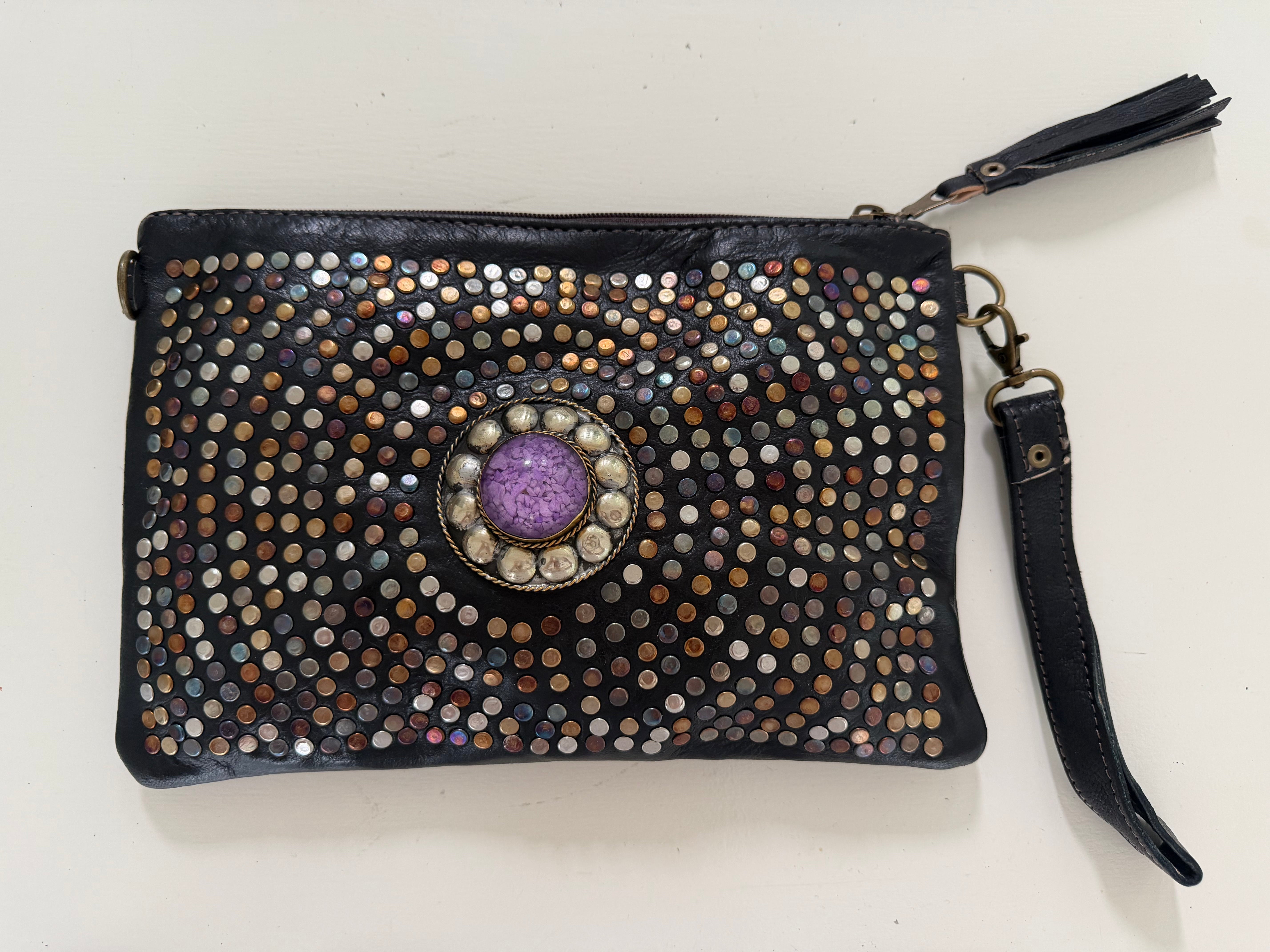 MOROCCAN zip leather clutch with messanger strap