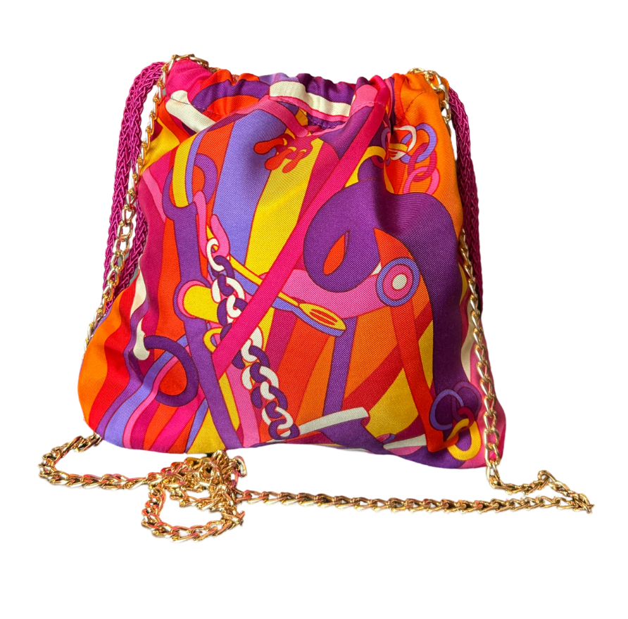 VINTAGE GUCCI POP ART EQUESTRIAN SILK SCARF DRAWSTRING CROSSBODY BAG