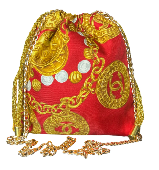 VINTAGE CHANNEL LOGO COINS ROUGE SILK SCARF DRAWSTRING CROSSBODY BAG