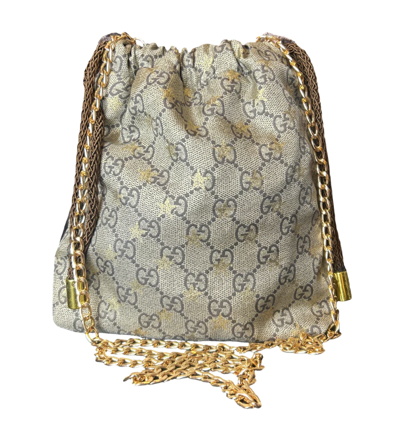 VINTAGE GUCCI LOGO STARS SCARF DRAWSTRING CROSSBODY BAG