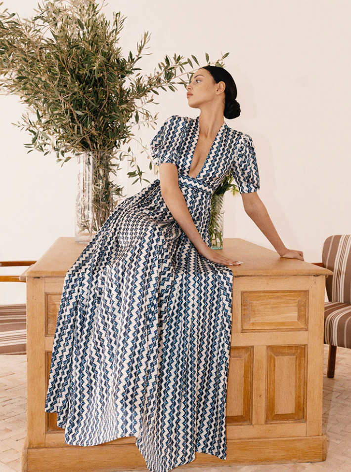 Moroccan Alexia DRESS IN WHITE & BLUE