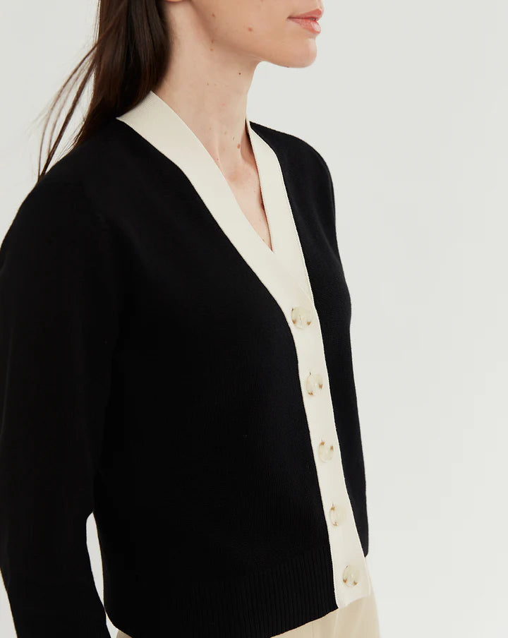 The Perry Tipped Cotton Cardigan - Black/Ivory