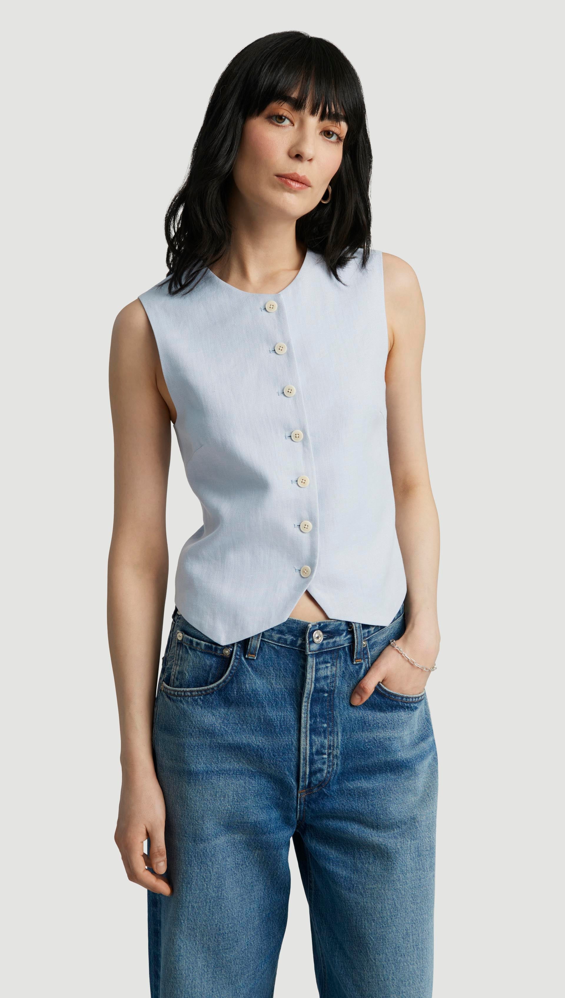 HIGH NECK BUTTON WAIST COAT IN LINEN TWILL - GLACIER BLUE