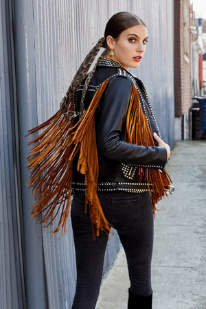 GEOVANA leather studded jacket with fringe