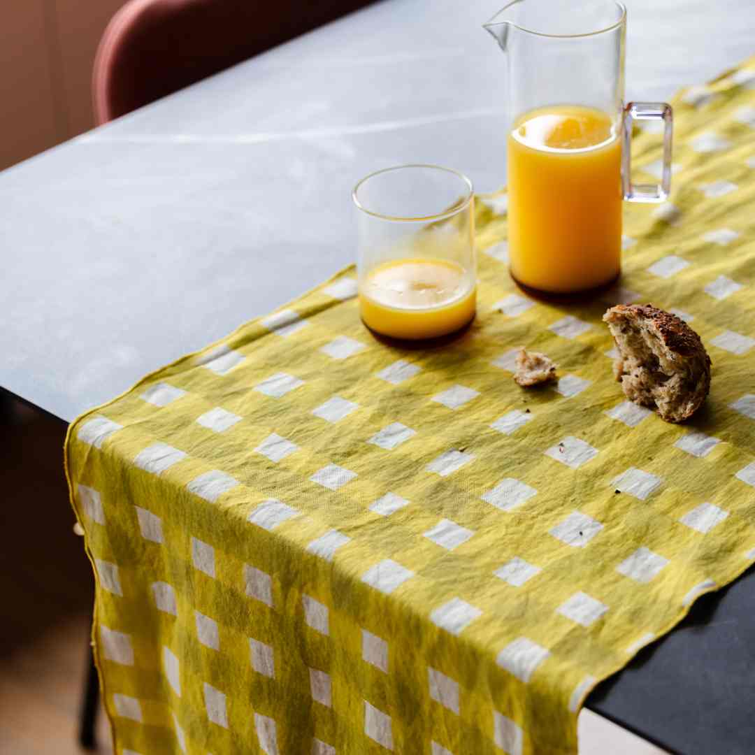 Yellow Cross Hatch Lavender Trim Table Runner
