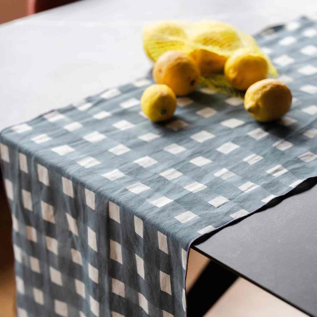 Blue Cross Hatch Lavender Trim Table Runner