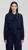 Navy Bow Blouse Double Georgette Silk