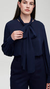 Navy Bow Blouse Double Georgette Silk