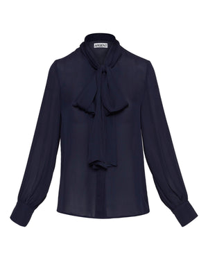 Navy Bow Blouse Double Georgette Silk