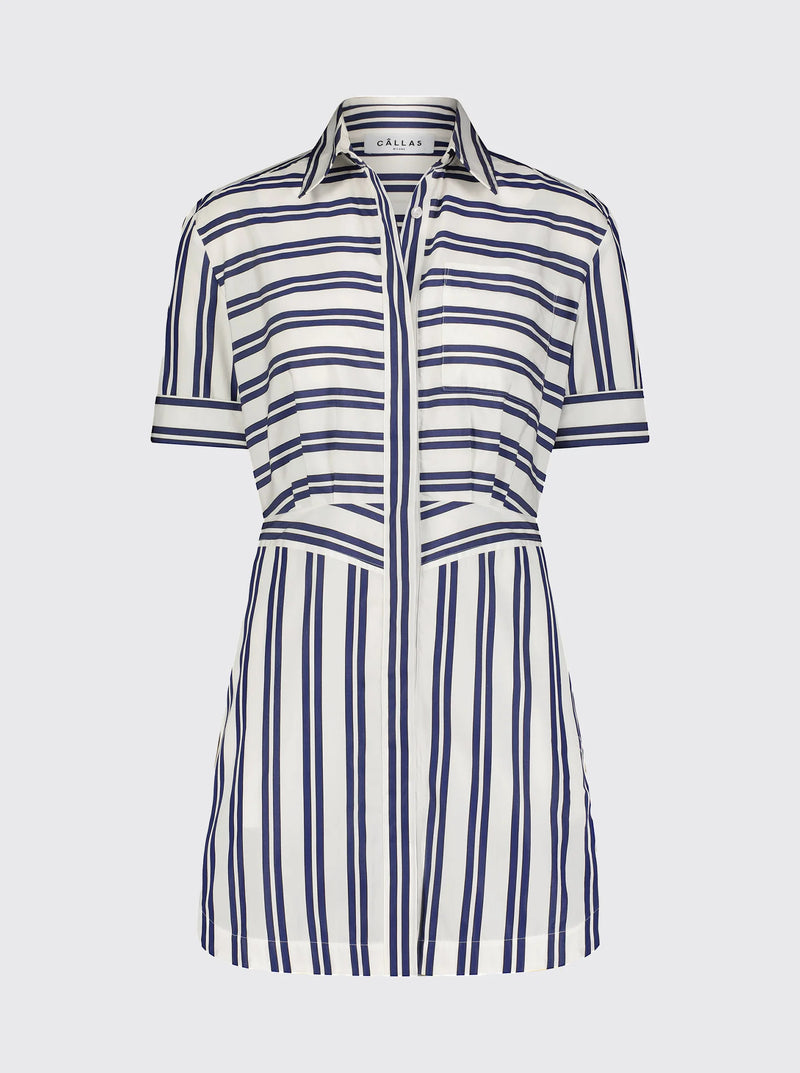 Candide - Short Sleeve Yoke Detail Mini Dress - Blue & White Stripe