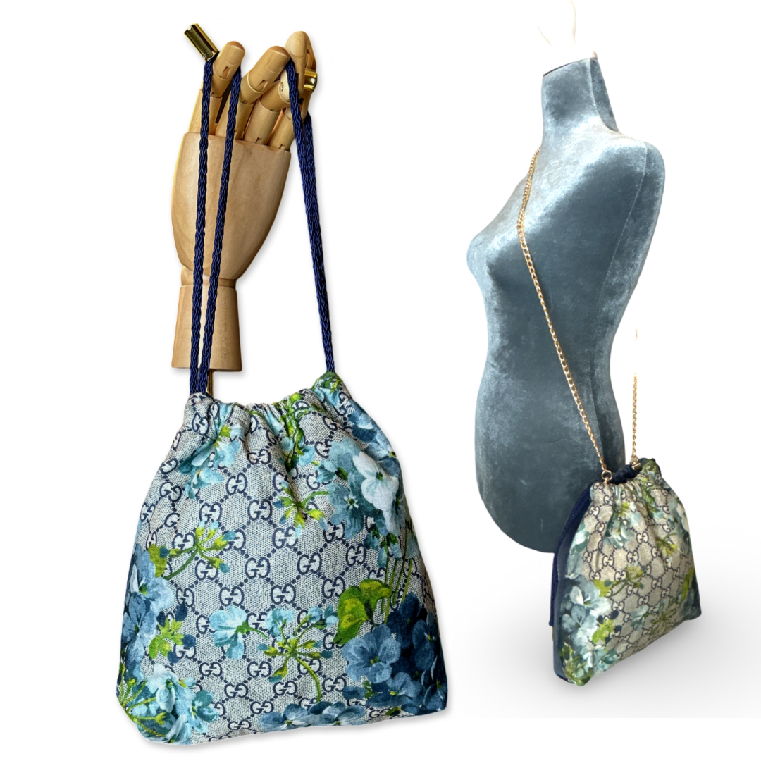 VINTAGE GUCCI BLOOMS BLUE SCARF DRAWSTRING CROSSBODY BAG