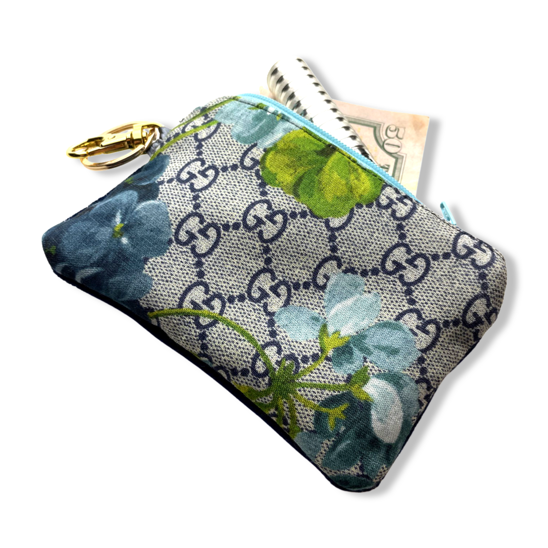 Vintage Gucci keychain bag GG Logo Blooms Blue Vintage Silk Scarf Coffee Run Keychain Bag at Vintage Luxe Up