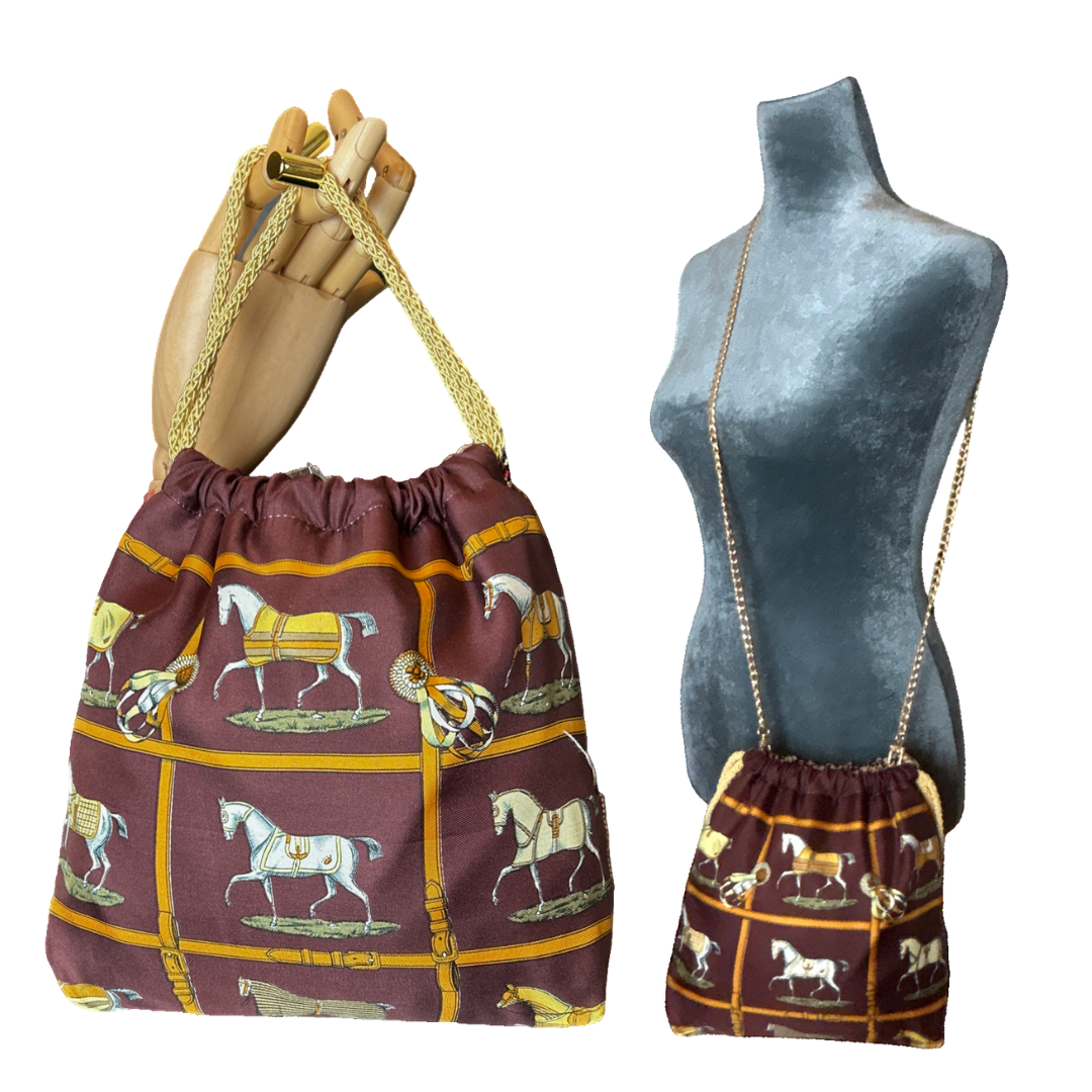 Vintage Hermes Petites Chevaux Brown Scarf Drawstring Crossbody Bag