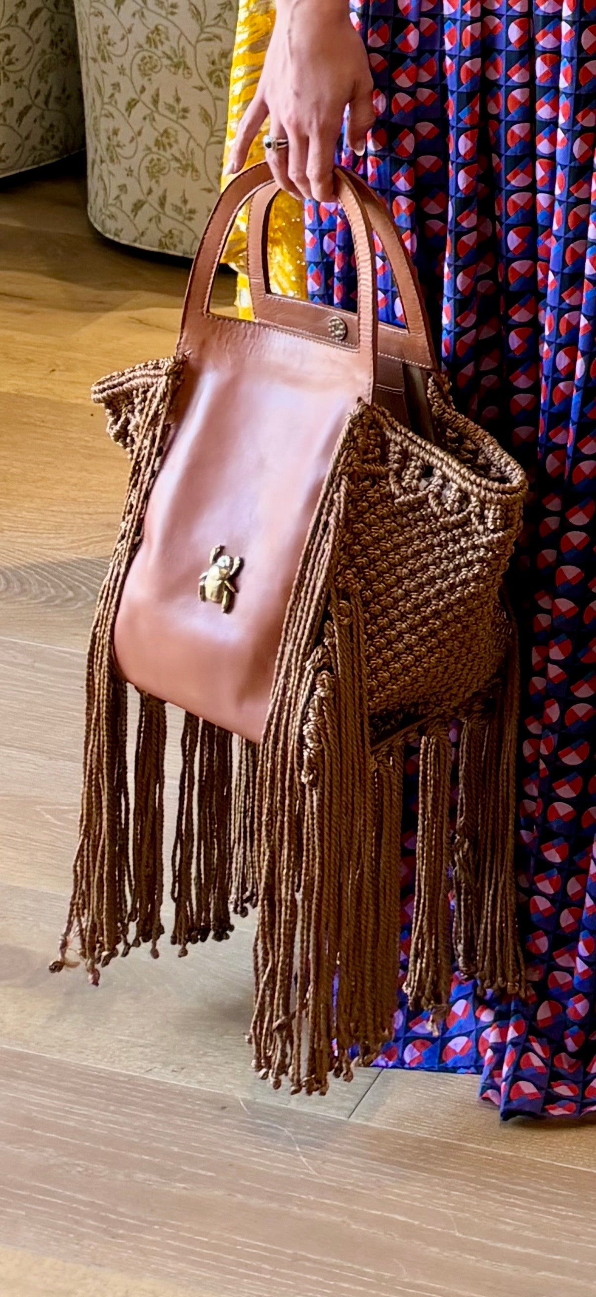 Moroccan Fez Leather Handbag with fringe- Tan