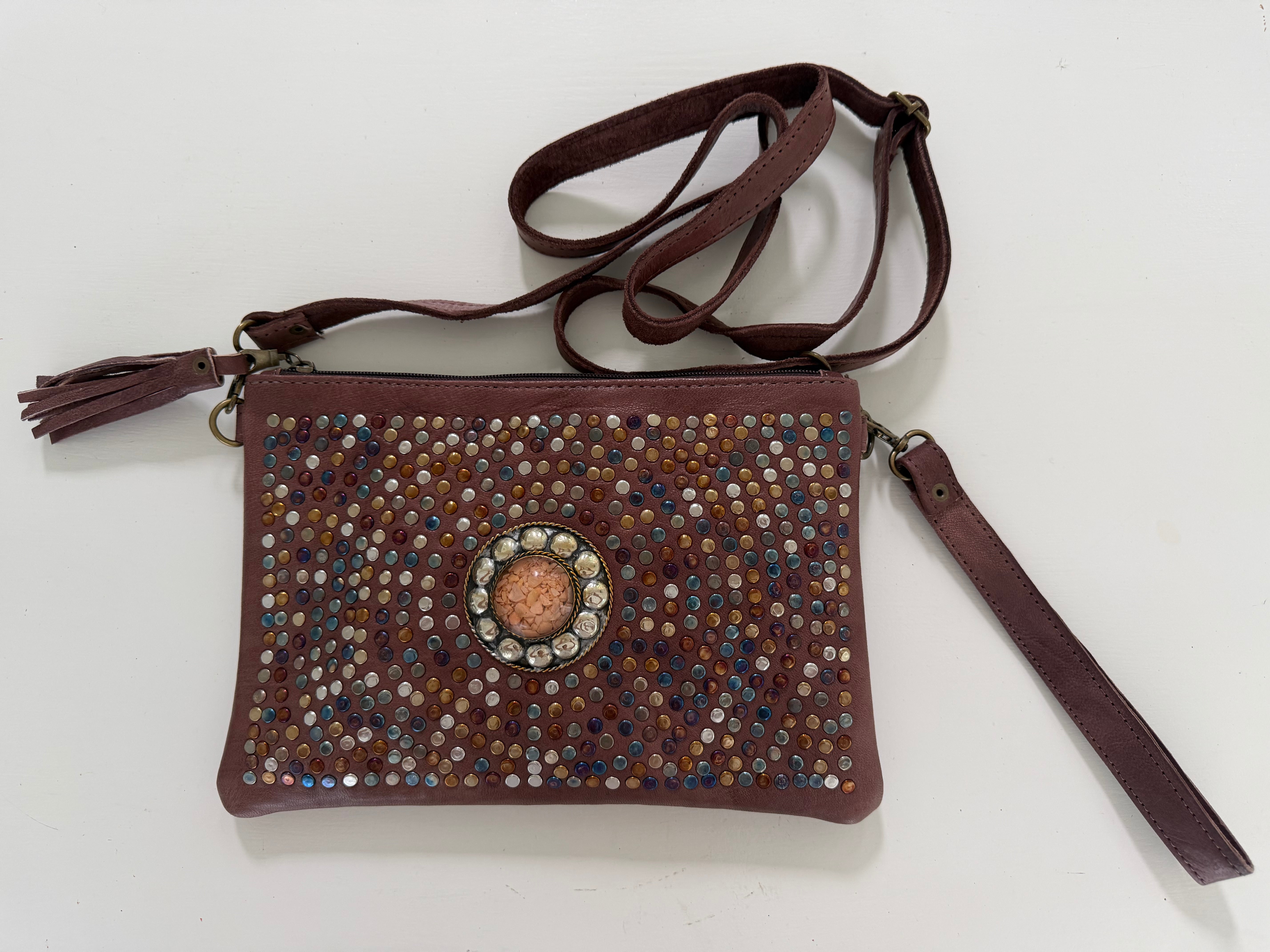 MOROCCAN zip leather clutch with messanger strap