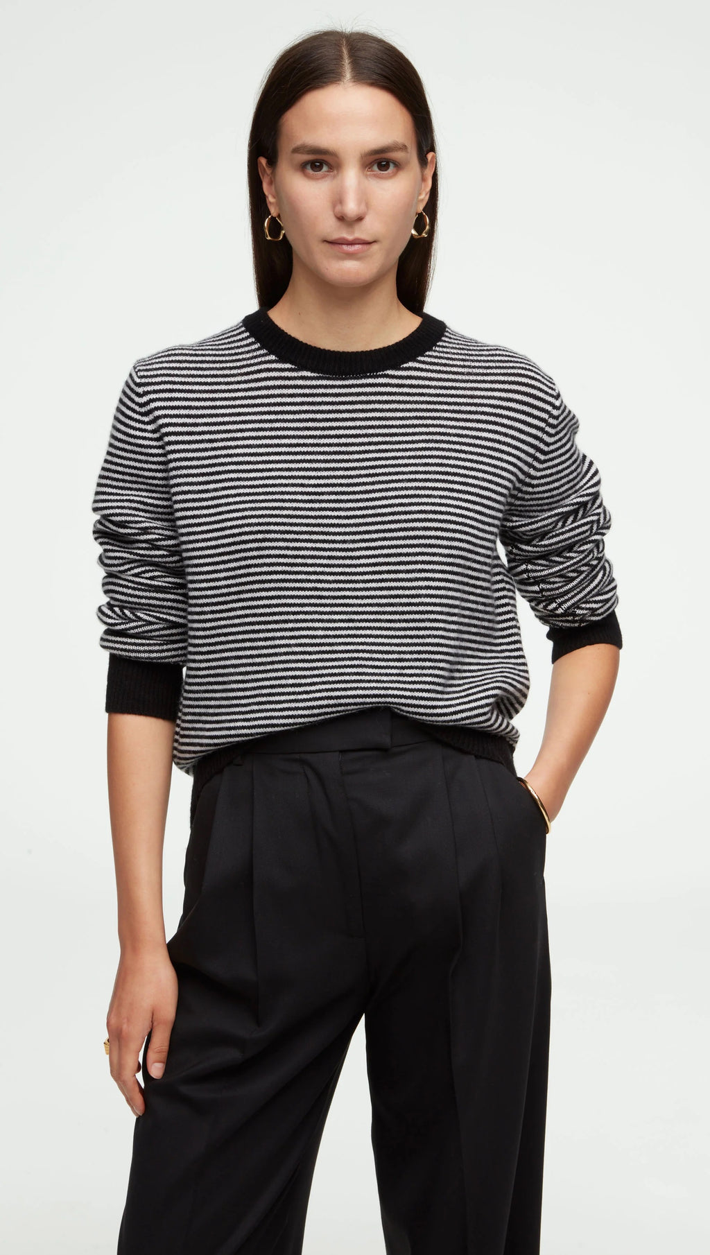 Striped Crewneck Sweater in Wool-Cashmere-Ivory/Black