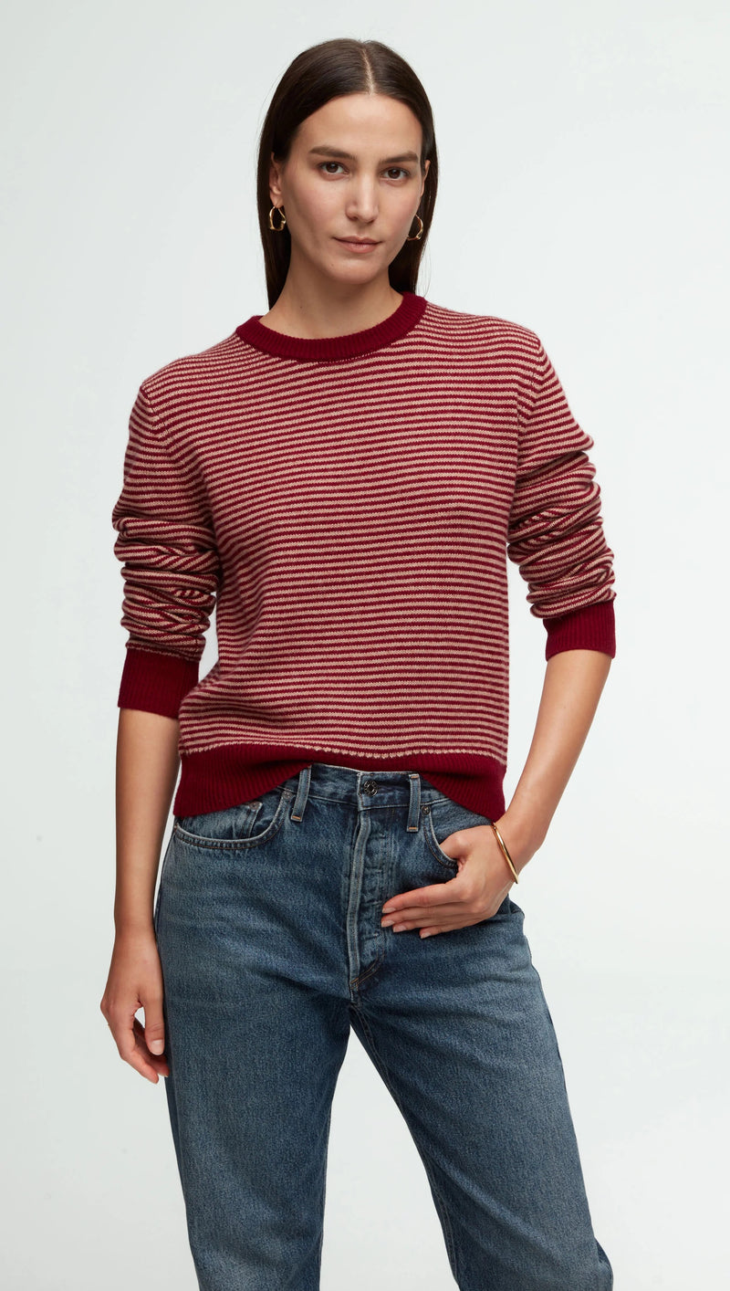 Striped Crewneck Sweater in Wool-Cashmere-Camel/Merlot