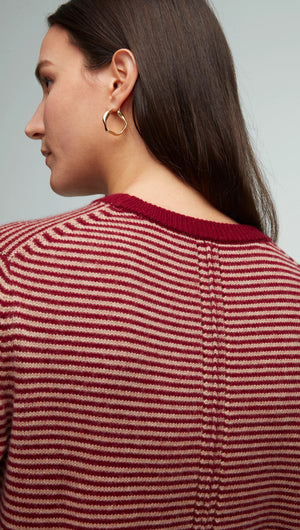 Striped Crewneck Sweater in Wool-Cashmere-Camel/Merlot