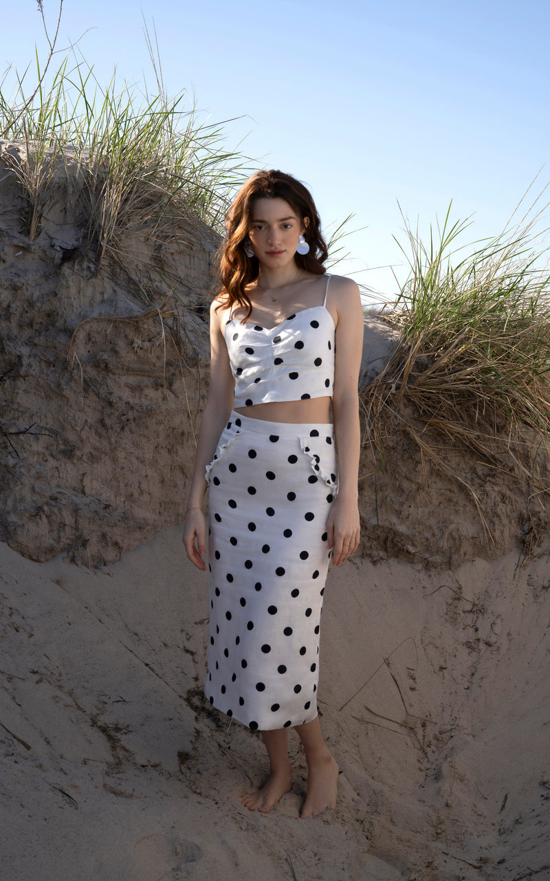 MILA PENCIL SKIRT - White w black dots