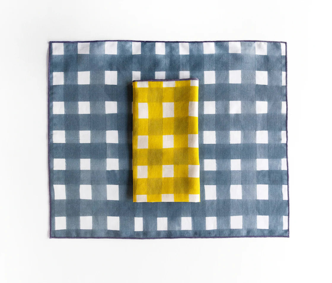 Blue Cross Hatch Placemats with Lavender Trim - Set of 4