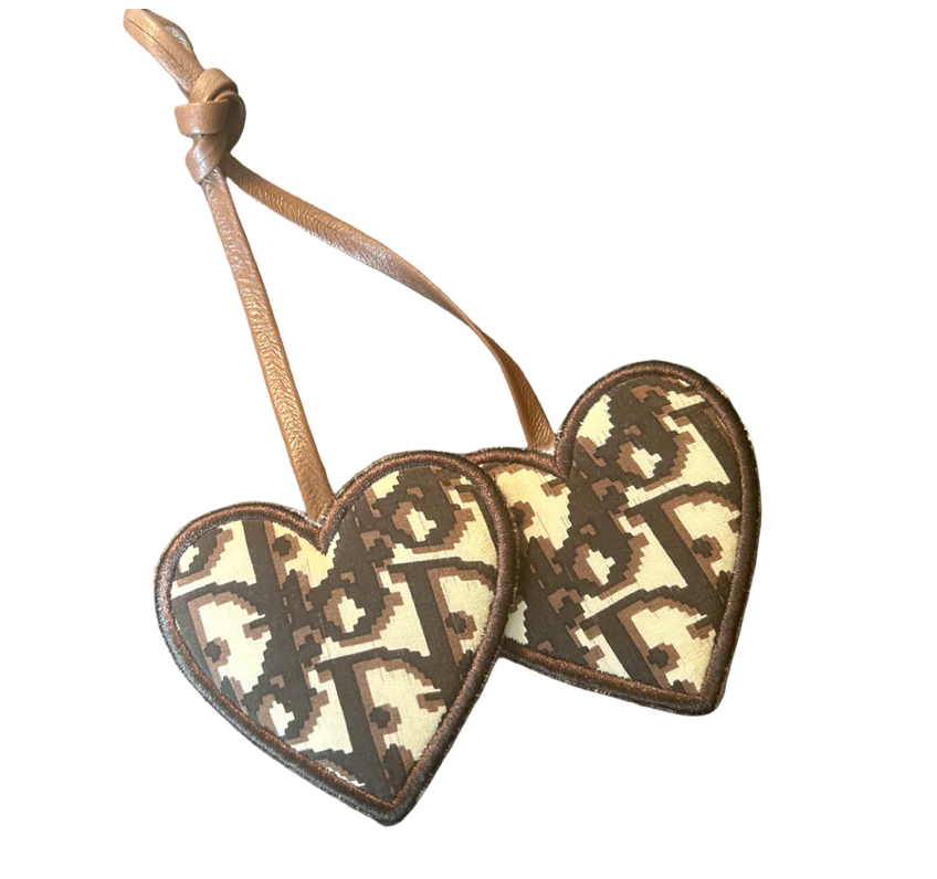 VINTAGE DIOR: TROTTER BROWN SILK SCARF DOUBLE HEART BAG CHARM