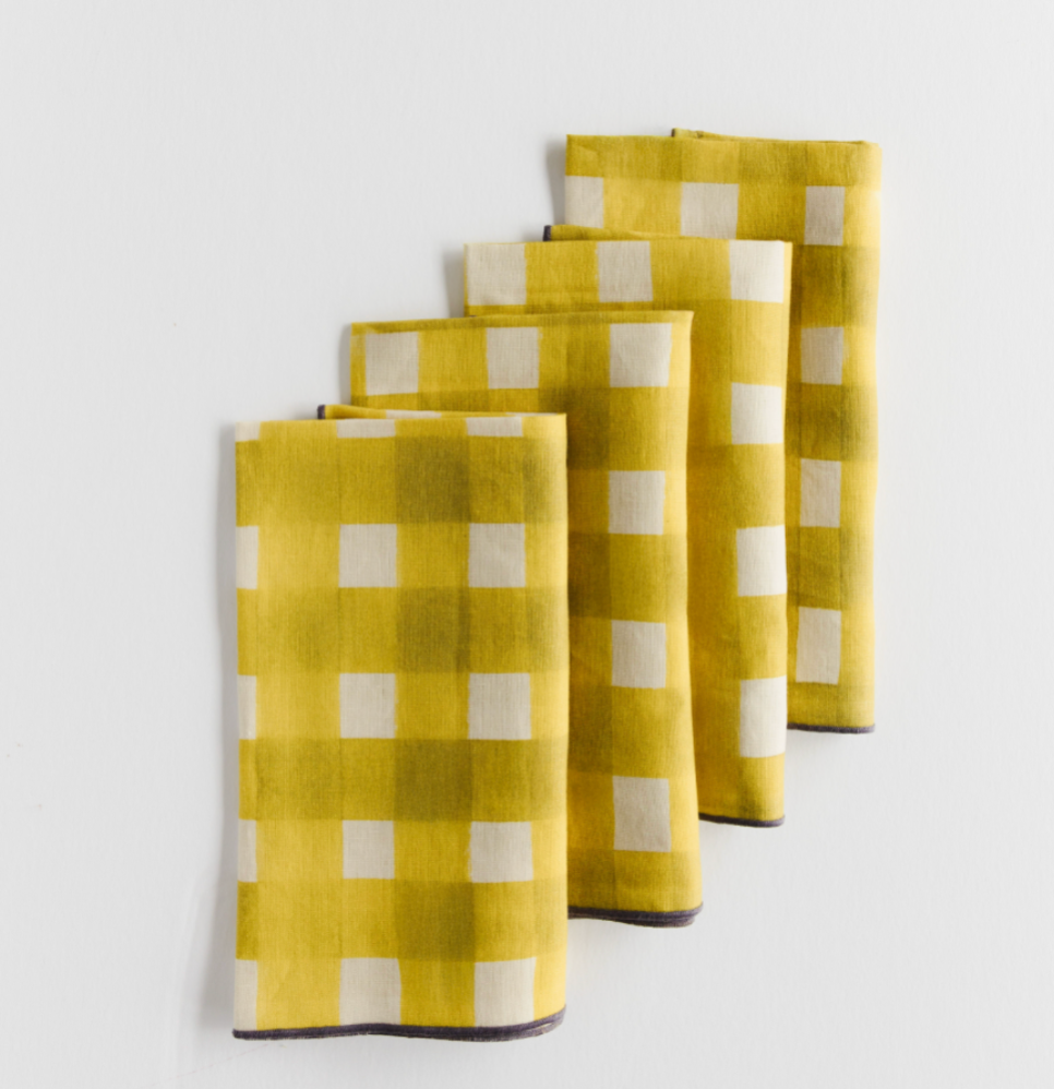 Yellow Cross Hatch Napkins with Lavender Trim - Set of 4