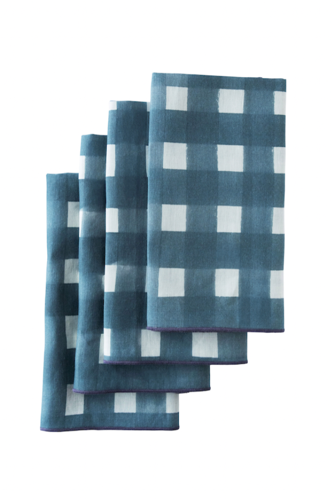 Blue Cross Hatch Napkins with Lavender Trim - Set of 4