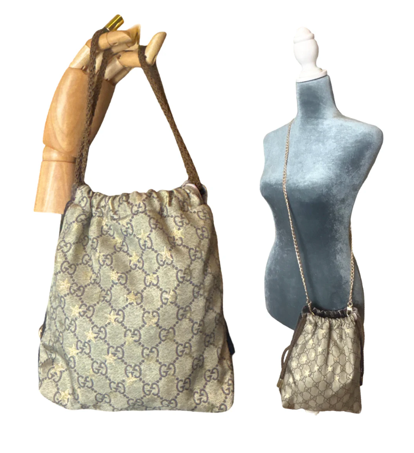 VINTAGE GUCCI LOGO STARS SCARF DRAWSTRING CROSSBODY BAG