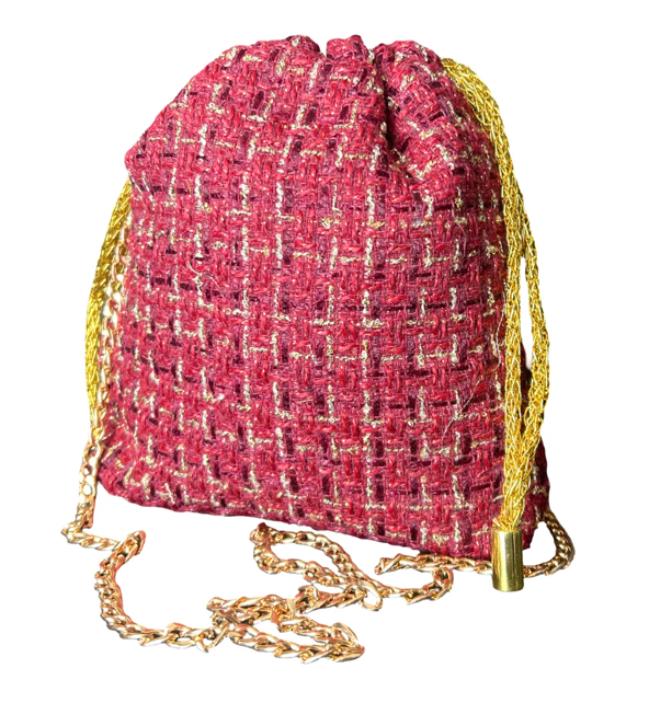 VINTAGE CHANNEL LOGO COINS ROUGE SILK SCARF DRAWSTRING CROSSBODY BAG