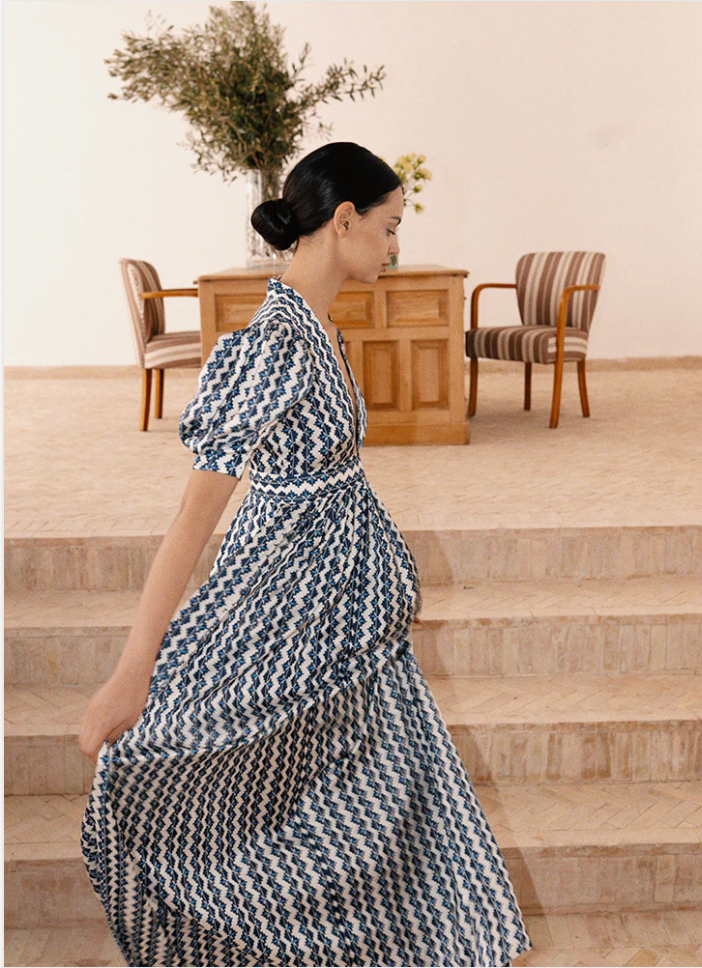 Moroccan Alexia DRESS IN WHITE & BLUE