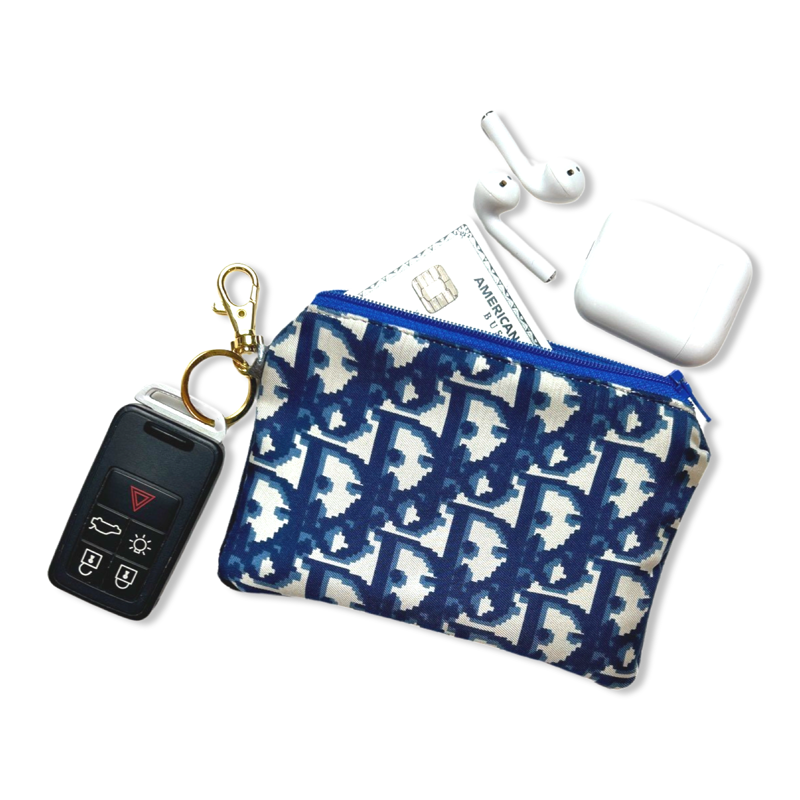 Vintage Dior keychain bag Trotter Blue & White Vintage Silk Scarf Coffee Run Keychain Bag at Vintage Luxe Up