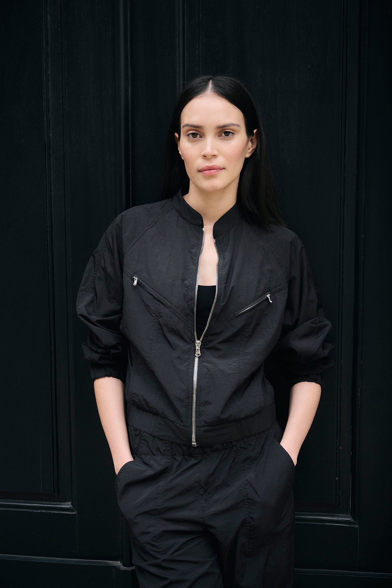 Sofiya Japanese Eco Nylon Bomber Jacket - Black