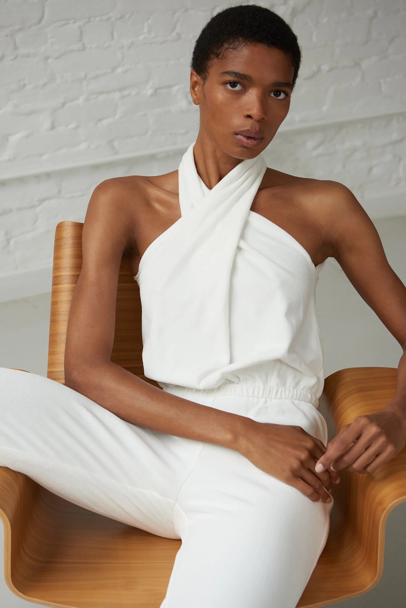 Yana Halter Neck Velour Jumpsuit - White