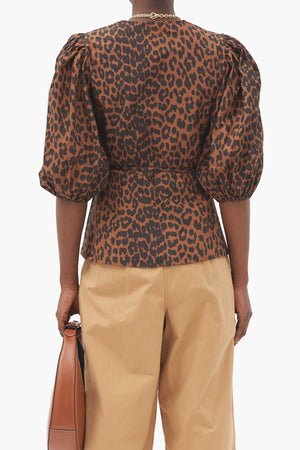 PUFF SLEEVE WRAP BLOUSE - TOFFEE LEOPARD