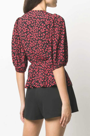 FLORAL WRAP BLOUSE - BLACK / RED