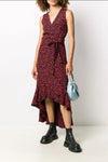 FLORAL SLEEVELESS WRAP DRESS - RED / BLK